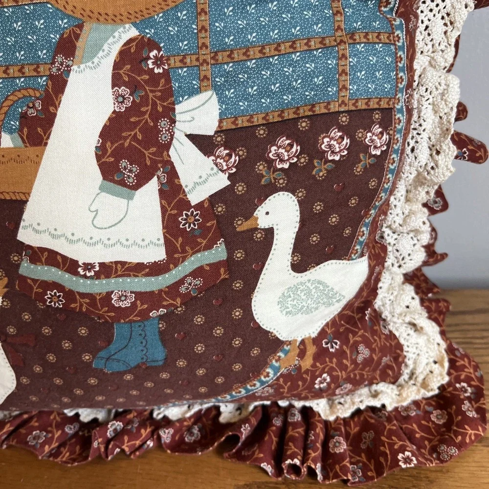 Vintage 1970's Old Country Style Pillow Goose Girl Floral Pattern Cottagecore